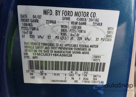 2008 Ford Escape Xlt z USA, uszkodzony, nr VIN 1FMCU03118KA56028